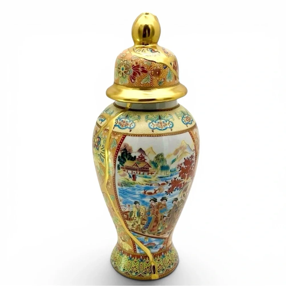 Kintsugi Vase 11” Temple Jar Satsuma-Style Gold Crack Art Personal Growth Gift
